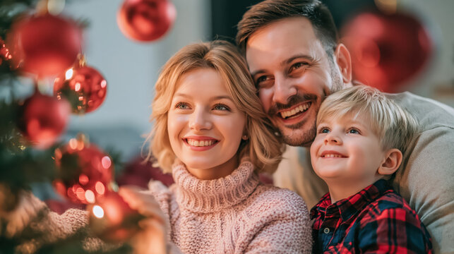 Family decorating Christmas tree together in modern living room warm smiles natural light