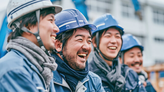 Construction worker hard hat smiling men teamwork site safety Japan helmet cheerful