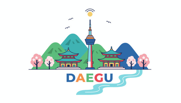 Scenic landscape illustration of Daegu city featuring traditional temples, Woobang Tower, mountains, and cherry blossoms.