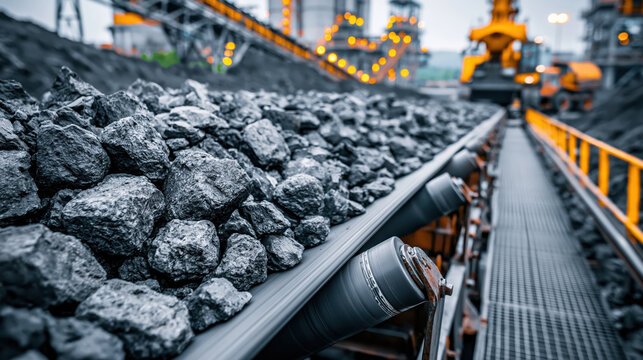 Industrial conveyor belt transporting coal in mining facility with heavy stone pile and blurred machinery