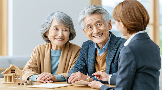 Elderly Japanese couple financial consultation home model house coin stack document smiling advisor