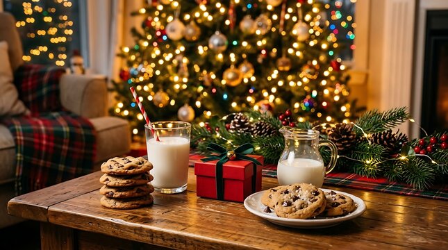 Christmas eve setting with milk and cookies on a wooden table in front of a decorated christmas tree with warm lights and a small gift box