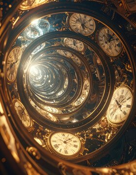 A spiraling vortex of clocks, suggesting a journey through time and space.