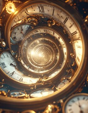 A surreal spiral of antique clocks creates a timeless vortex.
