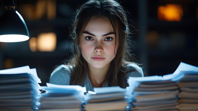 Tired professional business woman studying documents late at night under office lamp