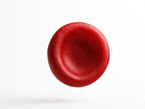 Close up of a single red blood cell on a white background.