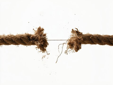 Close up of a thick rope fraying and breaking apart on a white background.