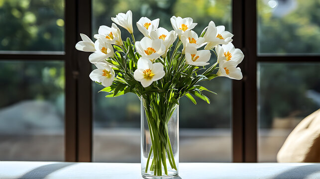 Beautiful bouquet of fresh white lilies flowers inside glass vase on window sill