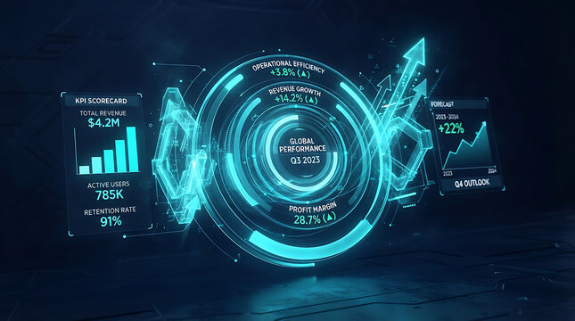Futuristic digital interface showing financial growth charts and data analytics with glowing blue holographic circles in dark background
