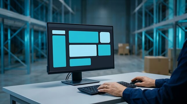 Warehouse manager using a computer system to monitor inventory and logistics operations.
