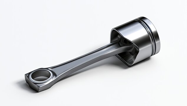 Automotive Piston and Connecting Rod Assembly Isolated on White Background.