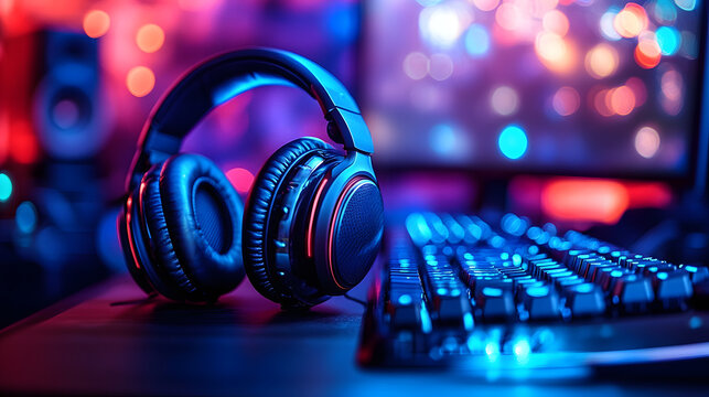 Modern gaming workspace with wireless headphones and glowing rgb keyboard setup layout