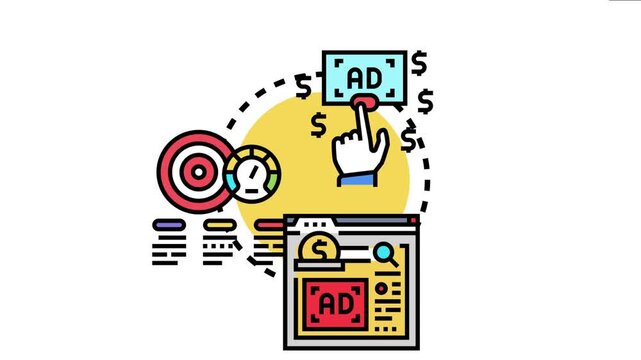 Digital advertisement click efficiency concept depicting a hand clicking an ad button, surrounded by dollar signs, performance metrics, and a web page with an online advertisement