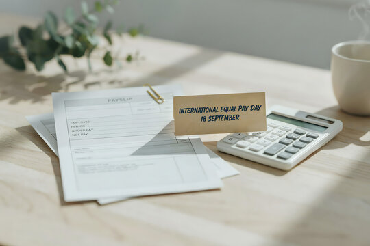 Payslip document with a gold paper clip and a small card for international equal pay day in september near a white calculator on a wooden surface