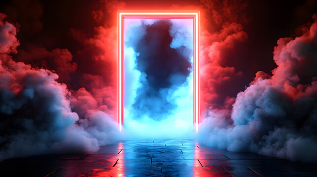 Futuristic glowing red and blue portal door opening into dark smoky cloud space