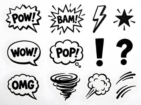 A collection of hand drawn comic book style speech bubbles and sound effect elements featuring explosive text and various dynamic action graphic symbols isolated
