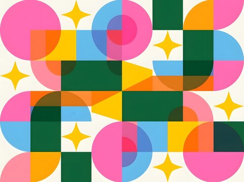 Abstract geometric pattern featuring vibrant colorful shapes circles squares and triangles with sparkling star icons on a clean white background for modern design