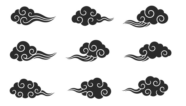 Set of nine traditional Asian cloud designs featuring swirling and flowing wind weather patterns in solid black.