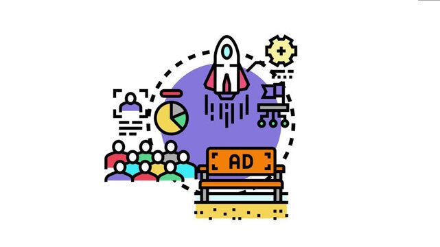 Advertising campaign planning and launching process with rocket, gear, target, data, audience, and outdoor ad bringing marketing strategy to public