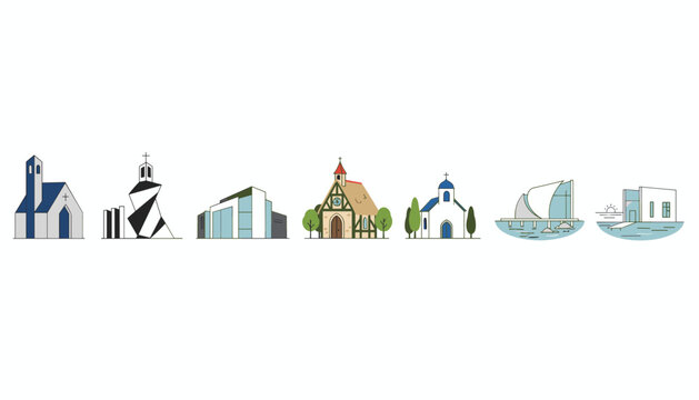 Set of seven different miniature architectural buildings and churches in a minimalist clean outline vector style.