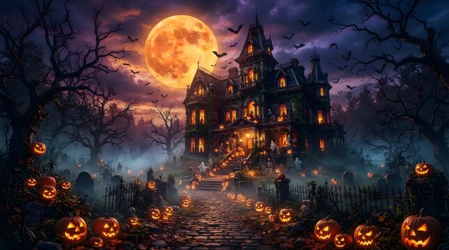 Festive halloween haunted mansion with full moon and many pumpkins