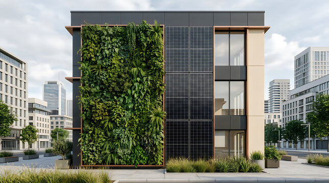 Modern city office building with vertical garden wall and glass facade featuring integrated solar panels for sustainable energy efficiency