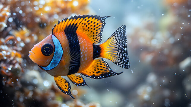 Colorful tropical clownfish swimming near coral reef in deep blue ocean water