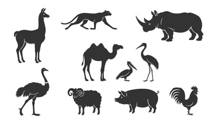 Fototapeta premium Collection of animal black silhouettes including cheetah, llama, rhinoceros, camel, birds, pig, and ram on a white background.