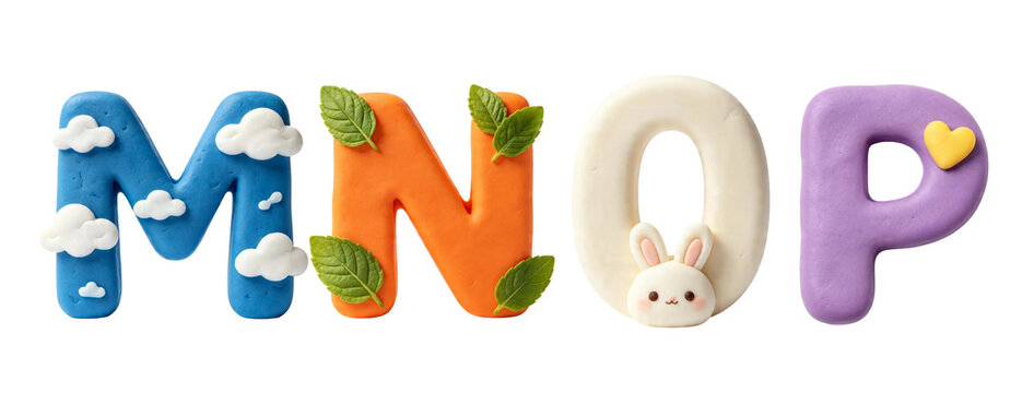 Cute Polymer Clay Alphabet Letters M N O P with Clouds Leaves Bunny and Heart PNG Set