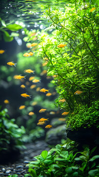 Lush green underwater plants with small fish swimming in a vibrant fresh aquarium