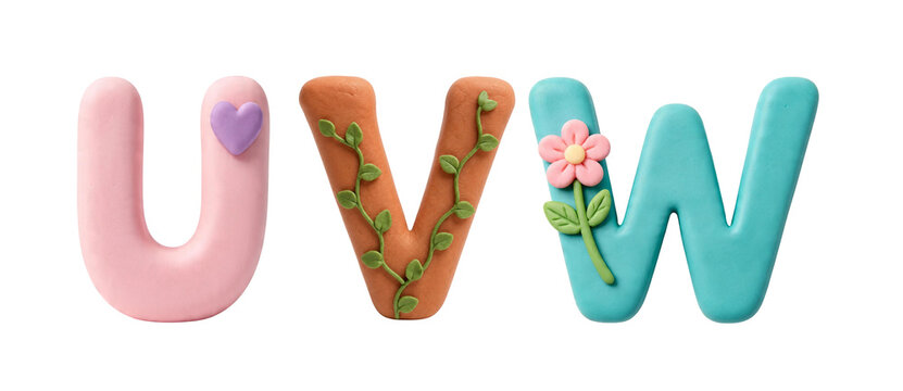 Cute Polymer Clay Alphabet Letters U V W with Hearts Flowers and Leaf Decorations PNG Set