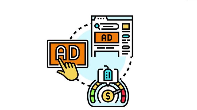 Online advertising cost per click campaign concept representing a user clicking on a digital advertisement, tracking engagement and managing marketing budget for internet promotions