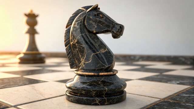 Elegant Black Marble Chess Knight on Board