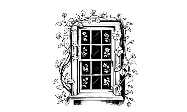 Vintage cottage window frame with climbing rose vines line icon featuring black outline symbol of old wooden window panes surrounded by blooming flowers, leaf foliage, and botanical elements vector 