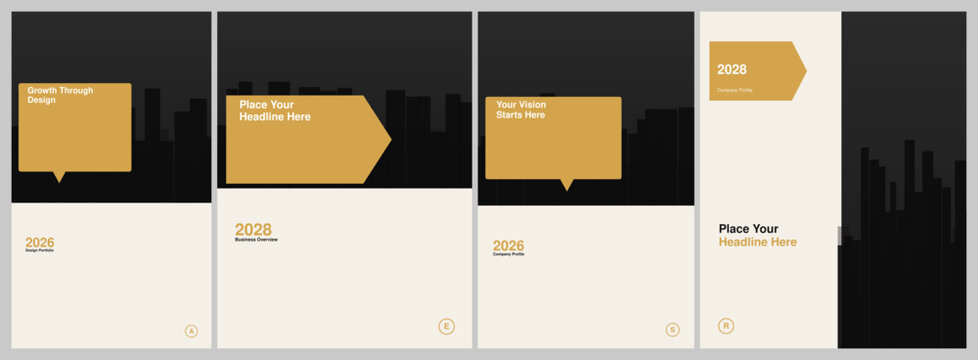 Modern minimalist brochure poster design layout featuring geometric shapes and dark skyline silhouette elements for professional business presentations