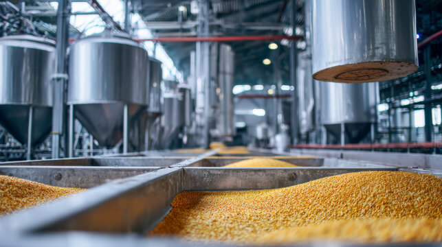 Industrial grain storage facility with large silos and yellow corn piles. The scene showcases agricultural processing and storage operations.