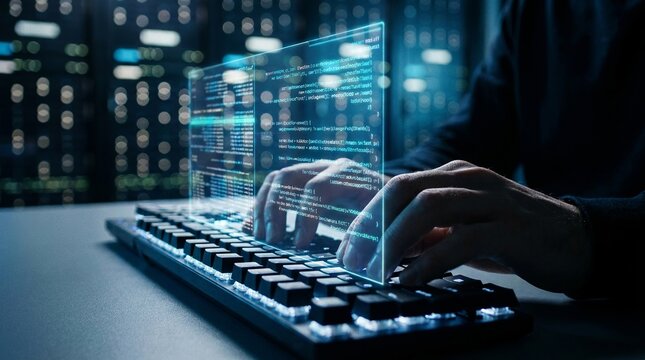 A close up of a person typing on a computer keyboard with a glowing digital interface hologram floating above the desk in darkness