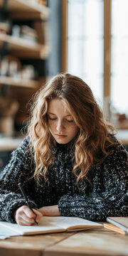 Young girl with freckles writing in notebook at kitchen table