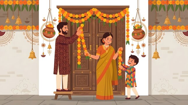 Indian family decorating home for diwali festival vector illustration