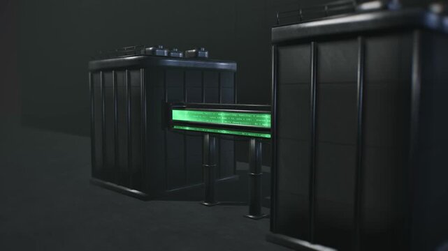 Data Center Server Racks with Glowing Green Code Bridge