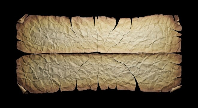 Horizontal strip of old vintage parchment paper with torn edges and a heavily crumpled texture isolated on a solid black background, for text