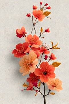 Japanese-inspired autumn sakura branches with warm coral and orange blossoms, flowing botanical composition.