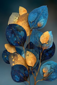 Luxury moonlit botanical wall art, elegant botanical branches with delicate leaves, metallic gold foil veins, deep navy blue background.