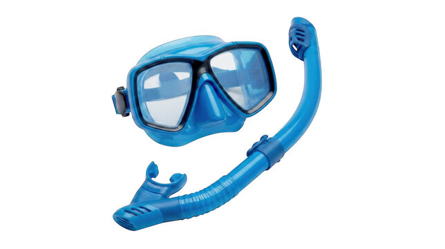 Blue diving mask and snorkel set for swimming and underwater exploration isolated on transparent background