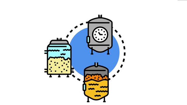 Aerated fermentation vessel industrial process, chemical reaction, and growth in a bioreactor, depicting different stages or types of liquid in tanks