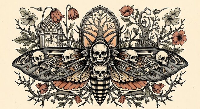 Gothic moth illustration with skull patterns and floral motifs