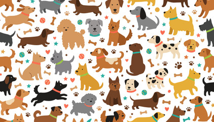 Obraz premium Cute Cartoon Dogs Seamless Pattern with Puppies, Paw Prints, Bones and Balls