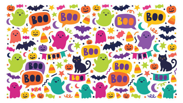 Cute Halloween Seamless Pattern &ndash; Colorful Kawaii Ghosts, Pumpkins, Black Cats & Boo Vector Background