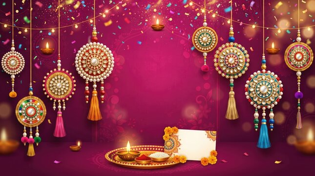 Raksha Bandhan festival greeting background banner featuring glowing diya oil lamp hanging rakhi ornaments and elegant luxury mandala decoration