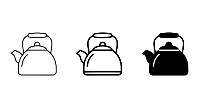 Set of Three Kettle Icons, Black and White, Simple Line Art, Kitchenware Vector Graphics
